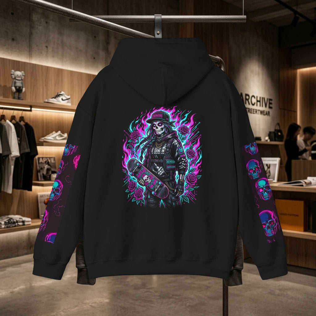 Skull Skateboard Hoodie — Neon Flaming Grim Reaper Skate Pullover