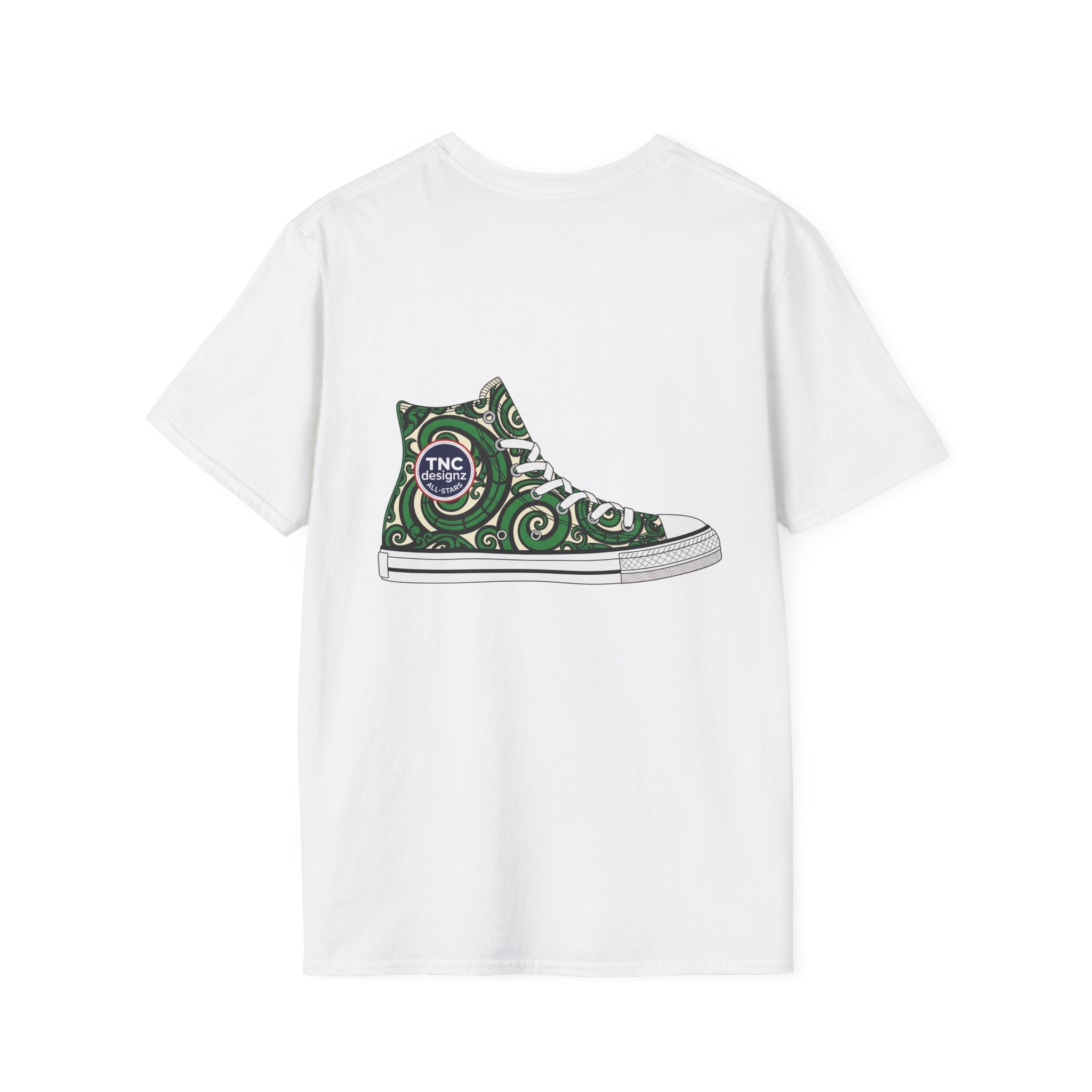 Hi-Top Sneaker Illustration T-Shirt — Green Koru Swirl Paisley Design - Heavyweight Māori Graphic Streetwear