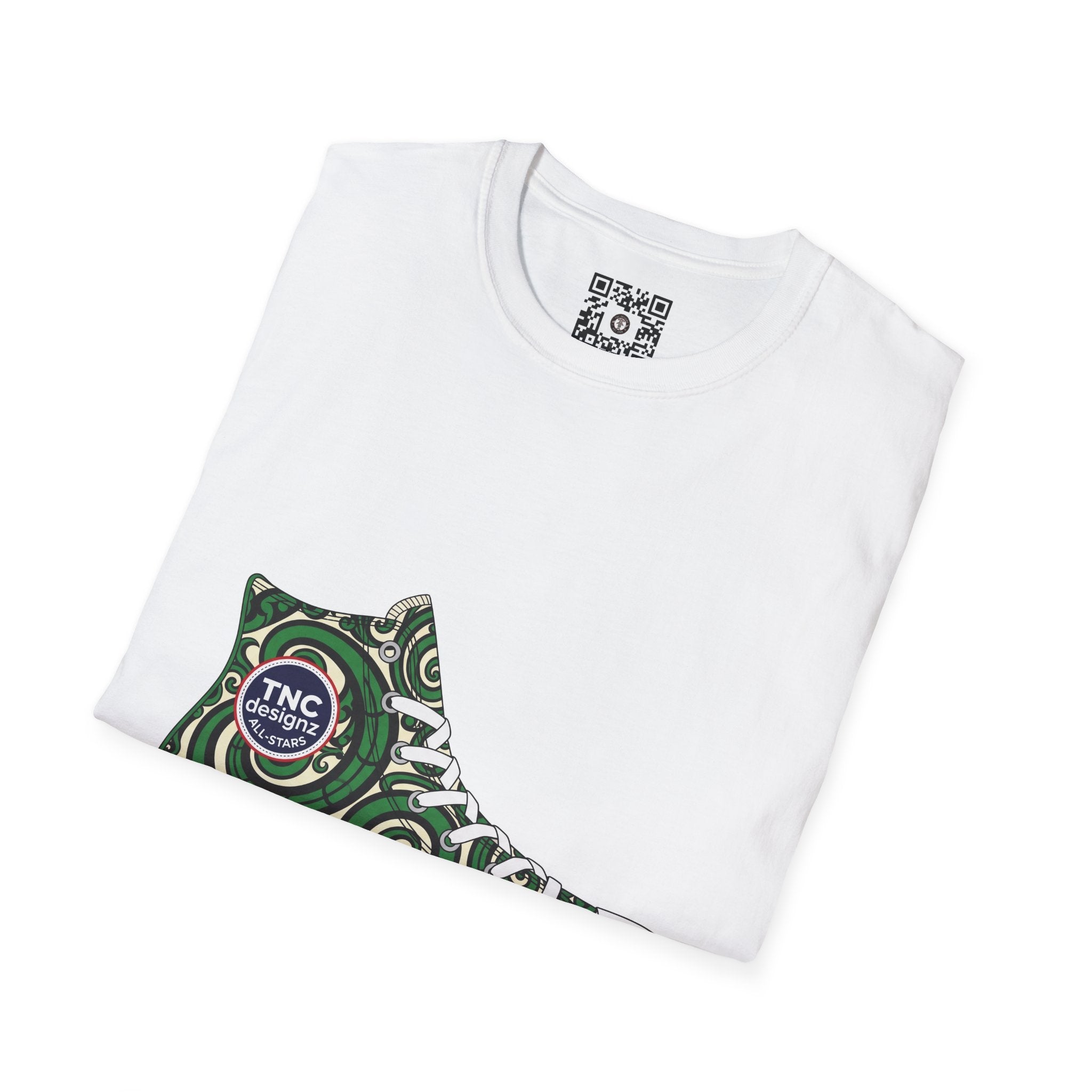 Hi-Top Sneaker Illustration T-Shirt — Green Koru Swirl Paisley Design - Heavyweight Māori Graphic Streetwear