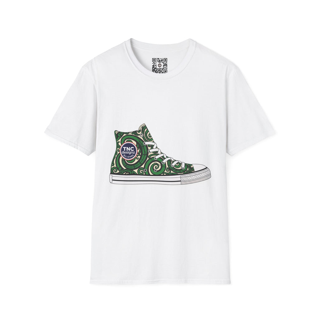 Hi-Top Sneaker Illustration T-Shirt — Green Koru Swirl Paisley Design - Heavyweight Māori Graphic Streetwear