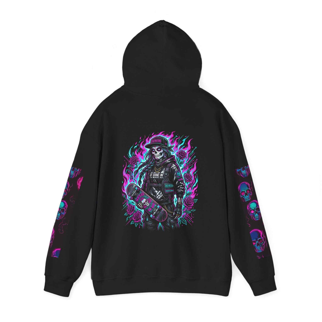 Skull Skateboard Hoodie — Neon Flaming Grim Reaper Skate Pullover